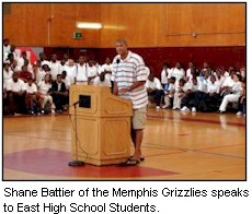 Shane Battier speaks to students in East High gym