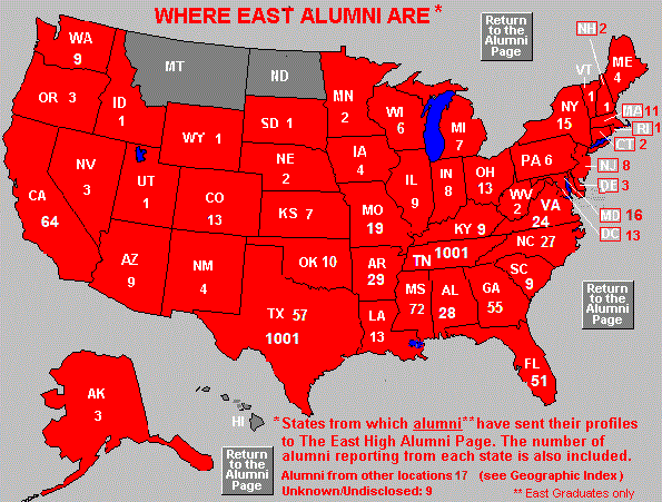 A map of the USA with states highlight from which alumni have sent profiles. The number of alumni reporting in from each state is also included. While this is purely a grahic, the Geographic Index will give you essentially the same information in text form if you are restricted to text only.