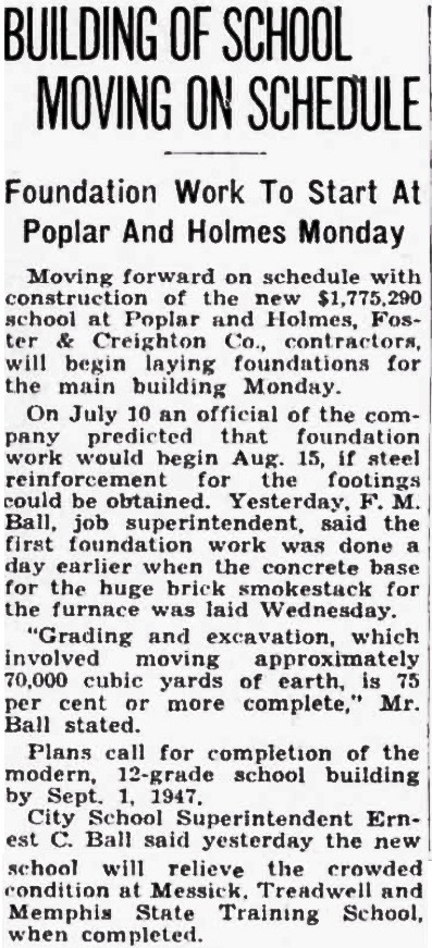 August 16, 1946, The Commercial Appeal - construction on new school begins