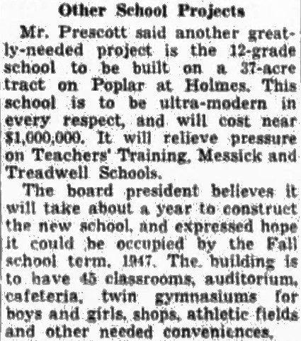 image of 1945 newspaper excerpt on plans for a new school